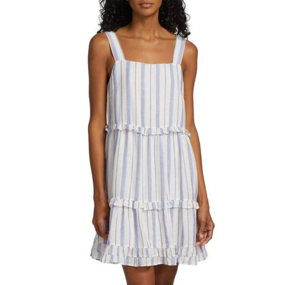 Rails Sandy Tahiti Stripe Linen Tiered Ruffle Mini Dress White Blue Pink Coastal - Picture 1 of 10